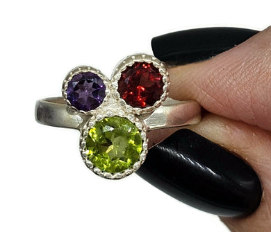 Multi Gemstone Ring, Size O, Sterling Silver, Peridot, Amethyst & Garnet Ring - GemzAustralia 