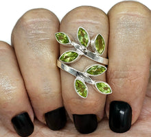 Load image into Gallery viewer, Peridot Ring, Size S, Sterling Silver, Seven Stones, August Birthstone, Leaf Faceted gems - GemzAustralia 