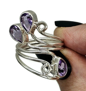 Amethyst Wrap Around Ring, Size N, Sterling Silver, February Birthstone, Three Stone Ring - GemzAustralia 