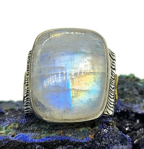 Rainbow Moonstone Ring, Size S, Sterling Silver, Gold Brass Flower, Rectangle Shaped - GemzAustralia 