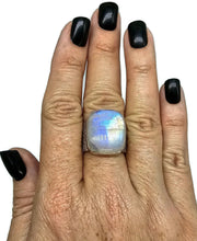 Load image into Gallery viewer, Rainbow Moonstone Ring, Size S, Sterling Silver, Gold Brass Flower, Rectangle Shaped - GemzAustralia 