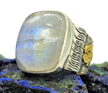 Load image into Gallery viewer, Rainbow Moonstone Ring, Size S, Sterling Silver, Gold Brass Flower, Rectangle Shaped - GemzAustralia 