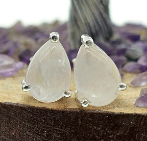 Rose Quartz Studs, Pear Shaped Earrings, Sterling Silver, Cabochon gemstone, Romance - GemzAustralia 