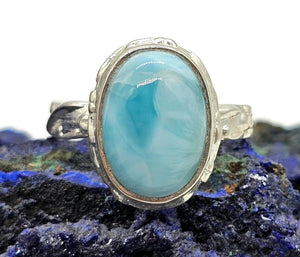 Oval Larimar Ring, Size S, Sterling Silver, Fancy Bezel Set, Stone of Atlantis - GemzAustralia 