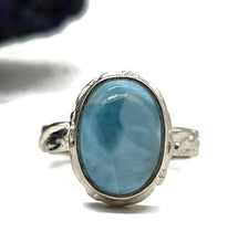 Load image into Gallery viewer, Oval Larimar Ring, Size S, Sterling Silver, Fancy Bezel Set, Stone of Atlantis - GemzAustralia 