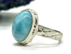 Oval Larimar Ring, Size S, Sterling Silver, Fancy Bezel Set, Stone of Atlantis - GemzAustralia 