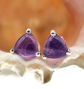 Amethyst Studs, Sterling Silver, Triangle Cabochons, Solitaire studs, Prong Set Earrings - GemzAustralia 