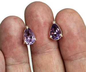 Teardrop Amethyst Studs, 5.5 carats, Sterling Silver, Pear Faceted, Solitaire studs - GemzAustralia 