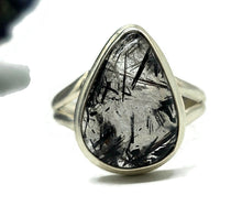 Load image into Gallery viewer, Black Tourmalinated Quartz Ring, size Q 1/2, Sterling Silver, Pear Shaped - GemzAustralia 