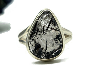 Black Tourmalinated Quartz Ring, size Q 1/2, Sterling Silver, Pear Shaped - GemzAustralia 