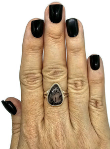 Black Tourmalinated Quartz Ring, size Q 1/2, Sterling Silver, Pear Shaped - GemzAustralia 