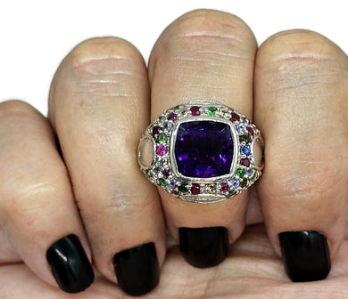 Amethyst, Tsavorite, Ruby, Blue Sapphire, Pink Sapphire & Yellow Sapphire Ring, size P