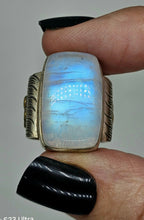 Load image into Gallery viewer, Two Tone Rainbow Moonstone Ring, Size O, Sterling Silver, Floral Design - GemzAustralia 