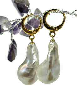 White Flameball Pearl Earrings, Baroque Pearl, Freshwater Pearls, Gold Plated Sterling - GemzAustralia 