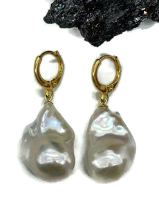 White Flameball Pearl Earrings, Baroque Pearl, Freshwater Pearls, Gold Plated Sterling - GemzAustralia 