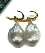 Load image into Gallery viewer, White Flameball Pearl Earrings, Baroque Pearl, Freshwater Pearls, Gold Plated Sterling - GemzAustralia 