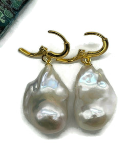 White Flameball Pearl Earrings, Baroque Pearl, Freshwater Pearls, Gold Plated Sterling - GemzAustralia 