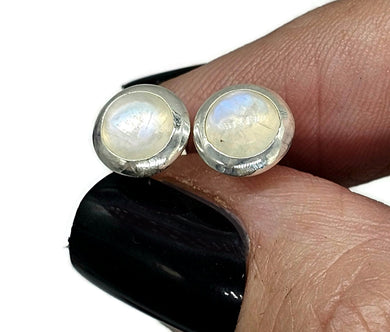 Rainbow Moonstone Stud Earrings, Sterling Silver, Round Shaped, June Birthstone - GemzAustralia 