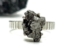 Load image into Gallery viewer, Meteorite Ring, Size M, Sterling Silver, Metallic Grey Gem, 4 prong, Campo del Cielo stone - GemzAustralia 