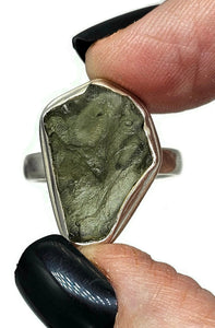 Statement Moldavite Ring, Size R, Sterling Silver, Meteorite Stone, Forest green - GemzAustralia 