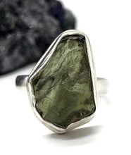 Load image into Gallery viewer, Statement Moldavite Ring, Size R, Sterling Silver, Meteorite Stone, Forest green - GemzAustralia 