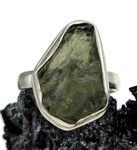 Load image into Gallery viewer, Statement Moldavite Ring, Size R, Sterling Silver, Meteorite Stone, Forest green - GemzAustralia 