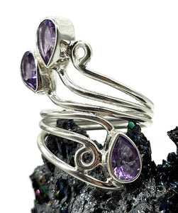 Amethyst Wrap Around Ring, Size N, Sterling Silver, February Birthstone, Three Stone Ring - GemzAustralia 