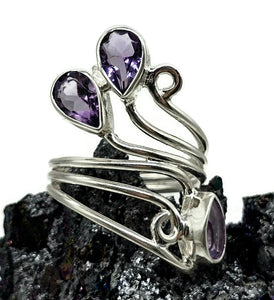 Amethyst Wrap Around Ring, Size N, Sterling Silver, February Birthstone, Three Stone Ring - GemzAustralia 