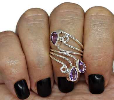 Amethyst Wrap Around Ring, Size N, Sterling Silver, February Birthstone, Three Stone Ring - GemzAustralia 