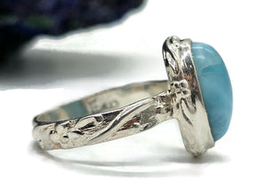 Oval Larimar Ring, Size S, Sterling Silver, Fancy Bezel Set, Stone of Atlantis - GemzAustralia 