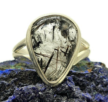Load image into Gallery viewer, Black Tourmalinated Quartz Ring, size Q 1/2, Sterling Silver, Pear Shaped - GemzAustralia 
