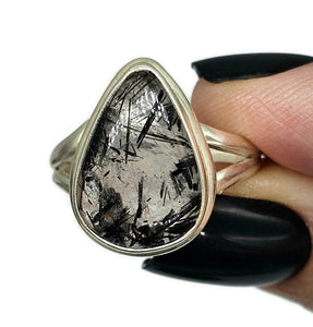 Black Tourmalinated Quartz Ring, size Q 1/2, Sterling Silver, Pear Shaped - GemzAustralia 