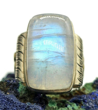 Load image into Gallery viewer, Two Tone Rainbow Moonstone Ring, Size O, Sterling Silver, Floral Design - GemzAustralia 