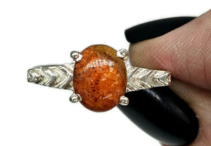 Art Deco Coral Ring, Size S, Oval Shaped, Sterling Silver, Orange Red Coral