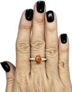 Art Deco Coral Ring, Size S, Oval Shaped, Sterling Silver, Orange Red Coral