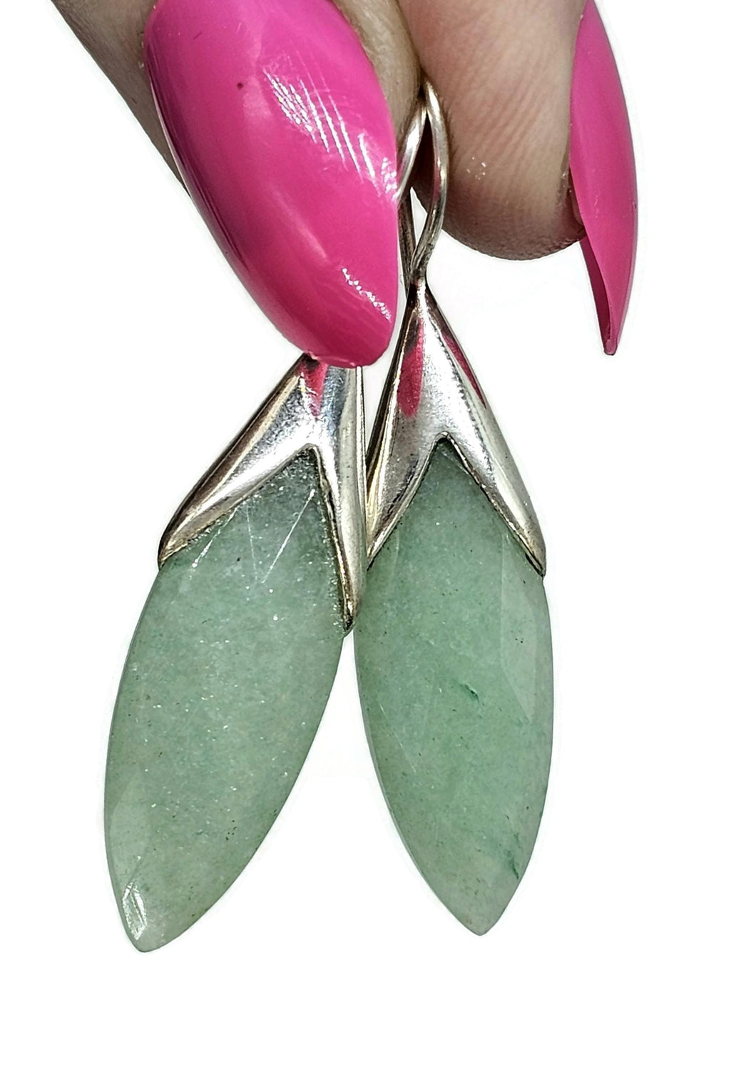 Green Aventurine Earrings, The Stone of Opportunity, Sterling Silver, Marquise Shaped