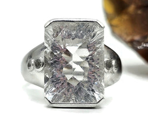 Clear Quartz & White Topaz Ring, Size S, Sterling Silver, Lazer faceted, Rectangle Shaped