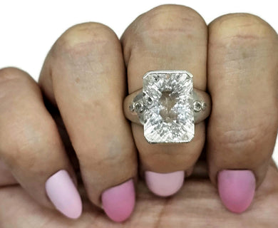Clear Quartz & White Topaz Ring, Size S, Sterling Silver, Lazer faceted, Rectangle Shaped