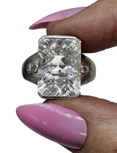 Clear Quartz & White Topaz Ring, Size S, Sterling Silver, Lazer faceted, Rectangle Shaped