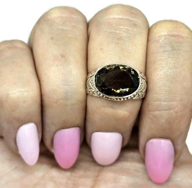 Oval Smoky Quartz Ring, size Q1/2, Sterling Silver, 6 carats, Scorpio Zodiac, Grounding Stone