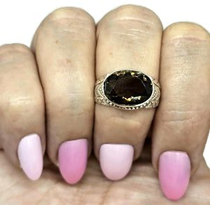 Oval Smoky Quartz Ring, size Q1/2, Sterling Silver, 6 carats, Scorpio Zodiac, Grounding Stone