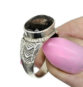 Oval Smoky Quartz Ring, size Q1/2, Sterling Silver, 6 carats, Scorpio Zodiac, Grounding Stone