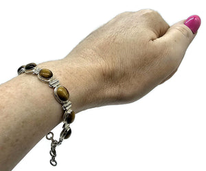 Tigers Eye Bracelet, Sterling Silver, 18-21 cm adjustable, Genuine, Oval Shaped