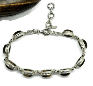 Tigers Eye Bracelet, Sterling Silver, 18-21 cm adjustable, Genuine, Oval Shaped