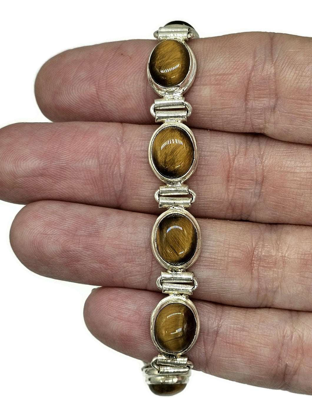 Tigers Eye Bracelet, Sterling Silver, 18-21 cm adjustable, Genuine, Oval Shaped