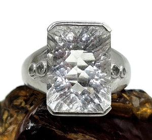 Clear Quartz & White Topaz Ring, Size S, Sterling Silver, Lazer faceted, Rectangle Shaped