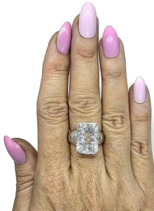 Clear Quartz & White Topaz Ring, Size S, Sterling Silver, Lazer faceted, Rectangle Shaped