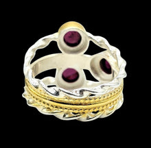 Load image into Gallery viewer, Garnet Three Stone Ring, Size 9 1/4, Sterling Silver &amp; Gold Plated, 2 tone, January Birthstone, Energy Stone