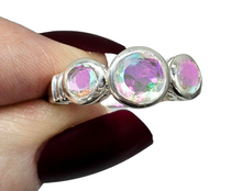 Load image into Gallery viewer, Rainbow Mystic Topaz Ring, Trilogy Ring, Sterling Silver, Round Shaped, Fire Topaz, Rainbow Topaz, Alaskan Ice, 3 Sizes - GemzAustralia 