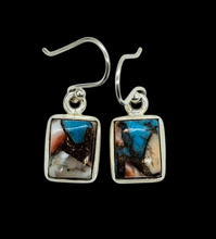 Load image into Gallery viewer, Rectangle Oyster Turquoise Earrings, Sterling Silver, Orange Spiny Oyster Shell, Blue Turquoise, Copper Earrings - GemzAustralia 